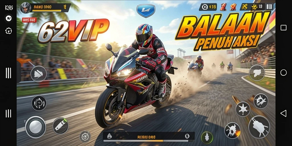 Tampilan aksi balapan motor yang mendebarkan dalam 62VIP.