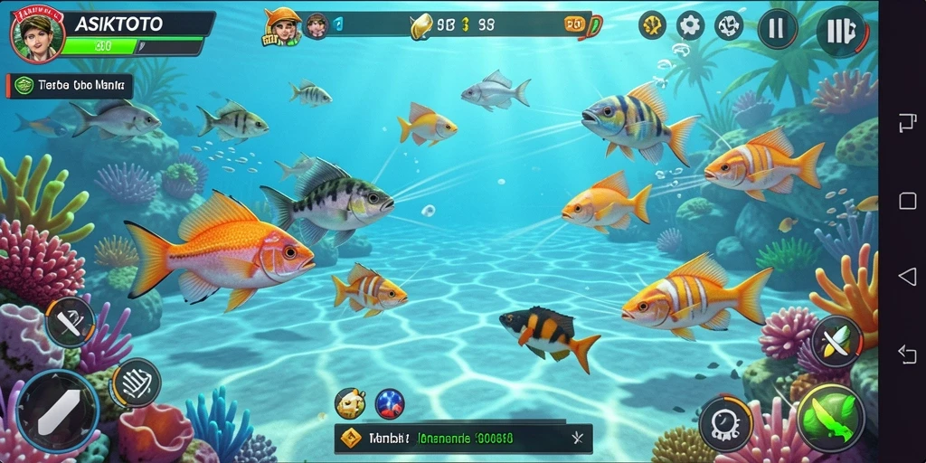 Gameplay ASIKTOTO menunjukkan ikan berwarna-warni yang siap ditembak dengan senjata khusus.
