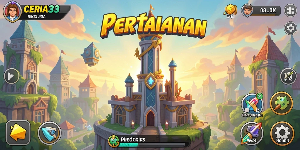 Screenshot gameplay CERIA33 dengan menara dan musuh dalam pertempuran.
